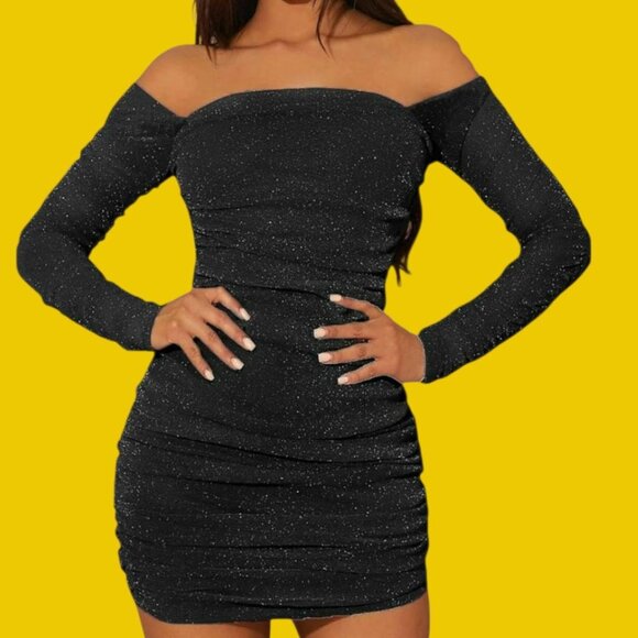 Moeencn Off-Shoulder Mesh Dress sparkly Square Collar Long Sleeve Ruched Xlarge - Picture 5 of 14